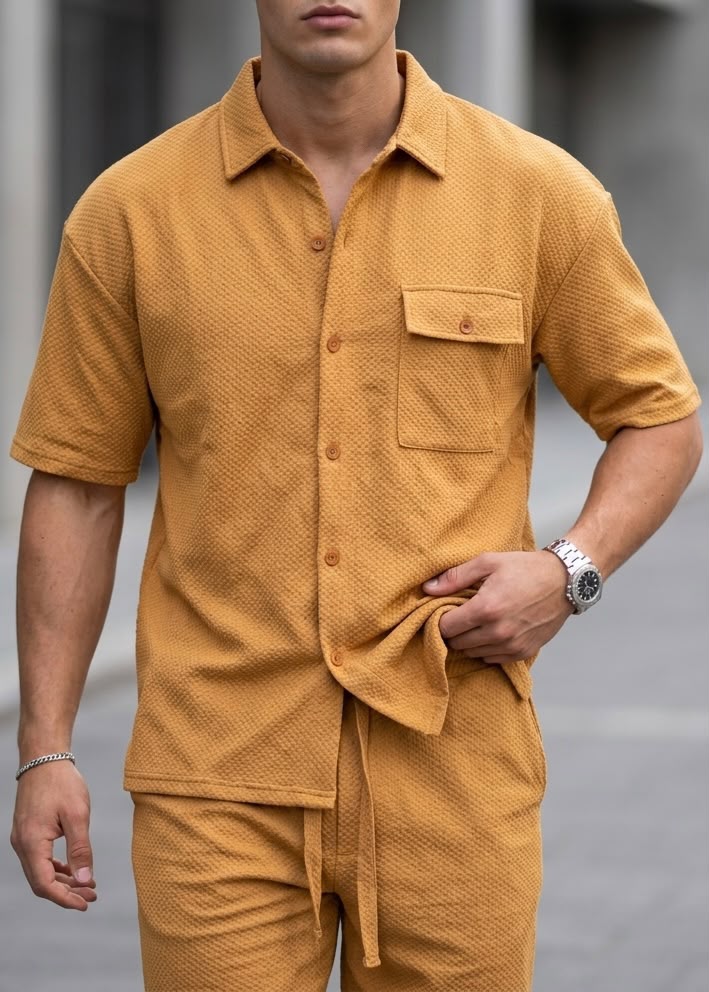 A man wearing a textured mustard yellow short-sleeve button-up shirt and matching drawstring pants, photographed from the lower face to the upper thighs against a blurred gray outdoor background.