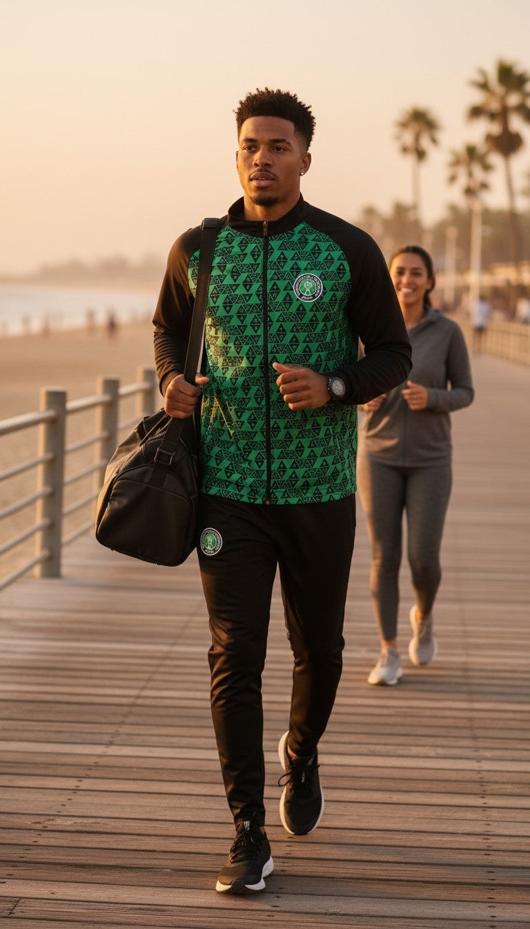 A man jogging on a wooden boardwalk at sunset wearing a green and black patterned athletic jacket with a circular green and white crest on the chest, black pants, and carrying a black duffel bag. A woman is jogging in the background.
